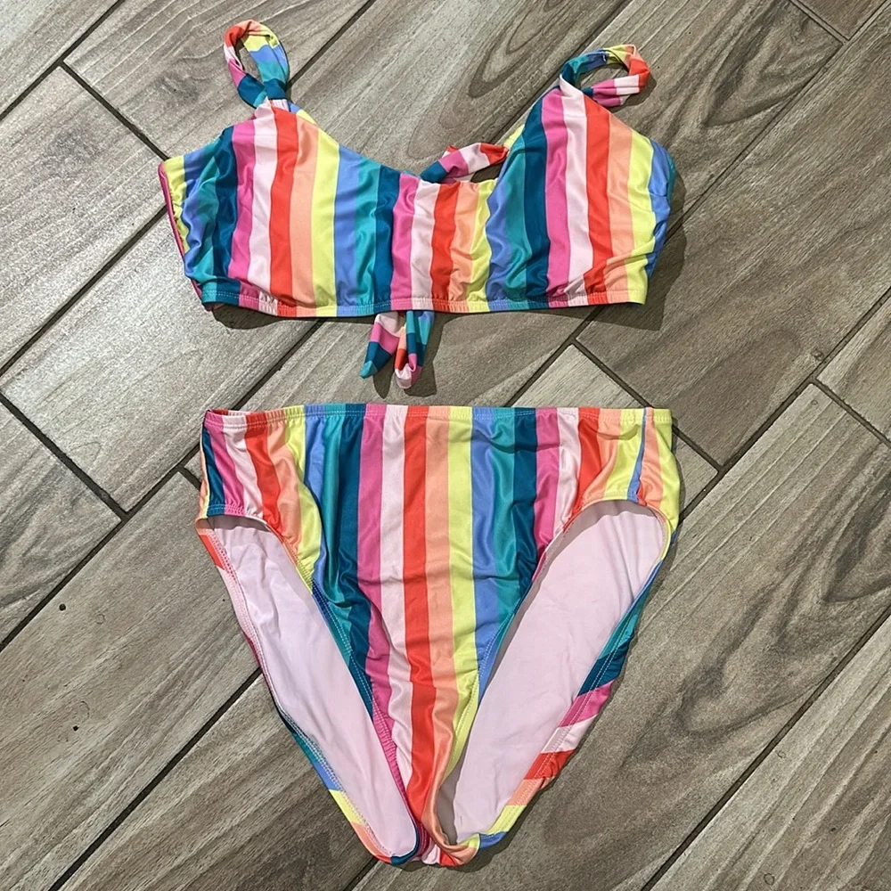 ModCloth the franky hi waited bikini rainbow stripes size large